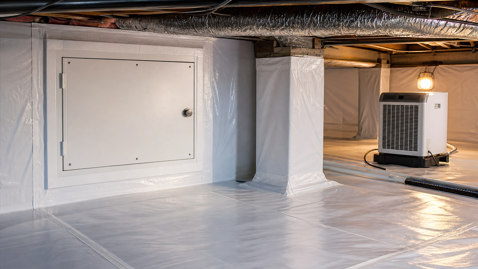 Crawl space access opening with a dehumidifier inside in Springfield, MO