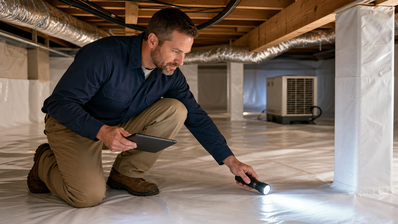 Crawl space technician inspecting a clean encapsulated area in Springfield, MO