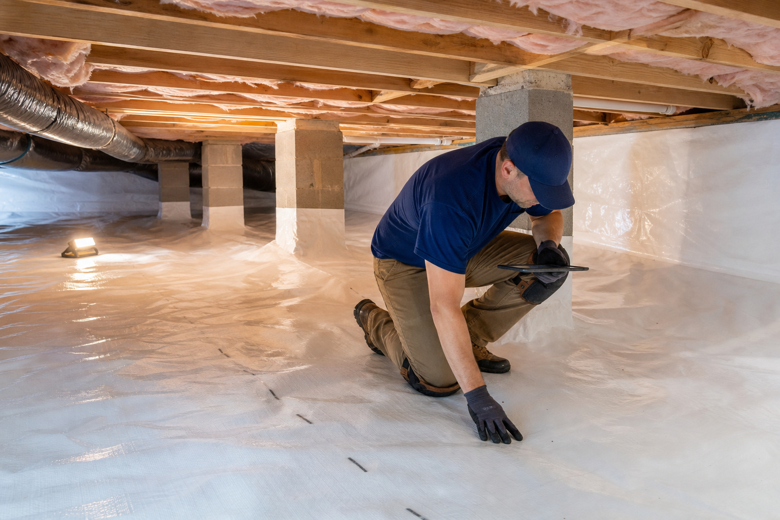 Technician inspecting a sealed crawl space liner seam in Springfield, MO