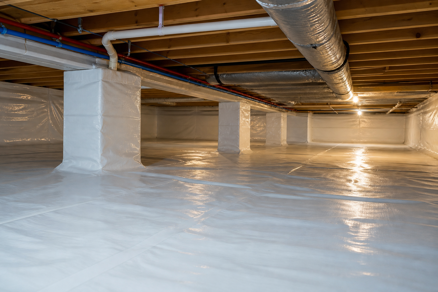 Finished crawl space encapsulation with sealed liner and wrapped piers in Springfield, MO