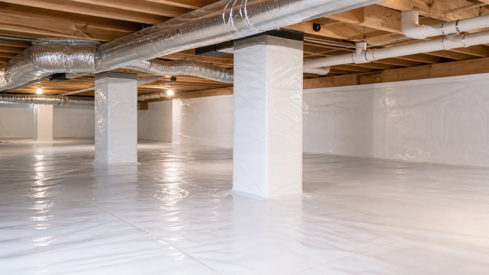 Wide view of a finished white crawl space encapsulation system in Springfield, MO